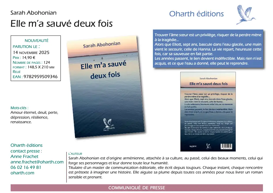 Communiqué de presse Elle m'a sauvé deux fois Sarah Abohonian